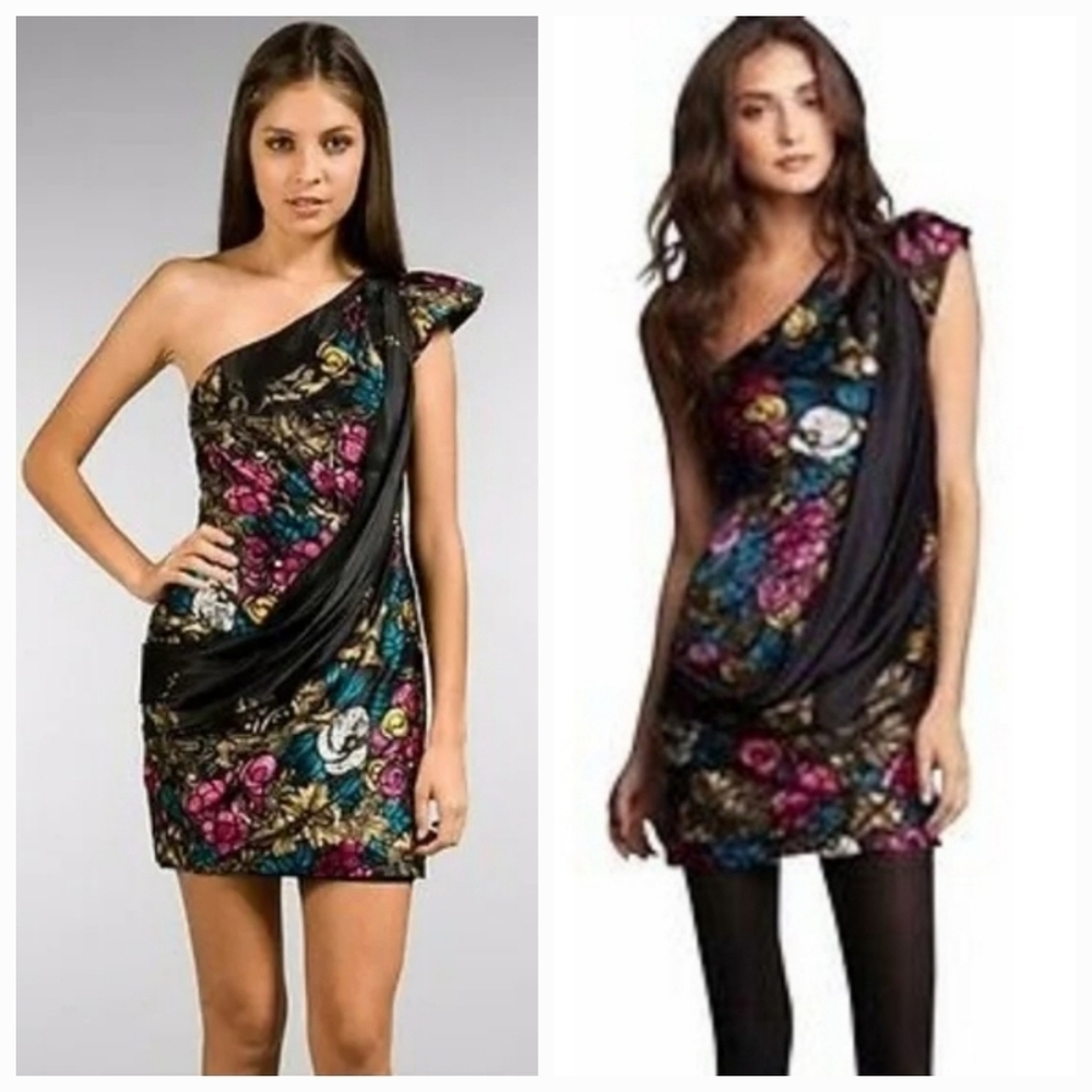 ❤️ NANETTE LEPORE SILK / SATIN ONE SHOULDER BLOWOUT FLORAL MINI DRESS, 6